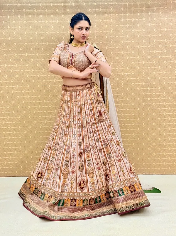 Cream_Swarovski_Stone_Work_Printed_Lehenga_Choli_For_Women_&_Girls
