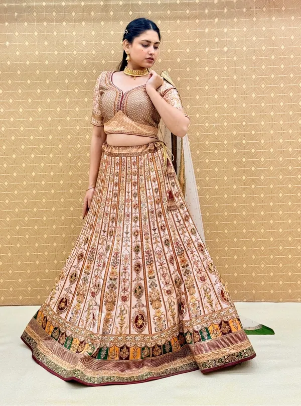 Cream_Swarovski_Stone_Work_Printed_Lehenga_Choli_For_Women_&_Girls