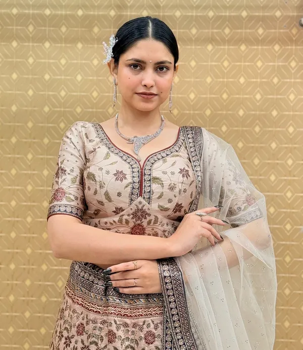 Beige_Swarovski_Stone_Work_Printed_Lehenga_Choli_For_Women_&_Girls