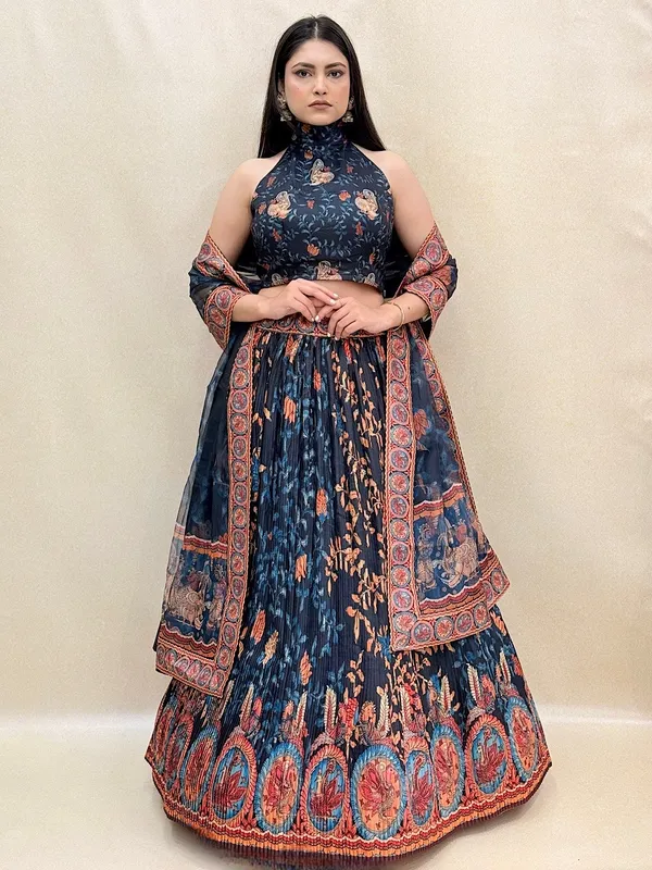 Navy_Blue_Tussar_Silk_Digital_Print_Lehenga_Choli_For_Women_&_Girls