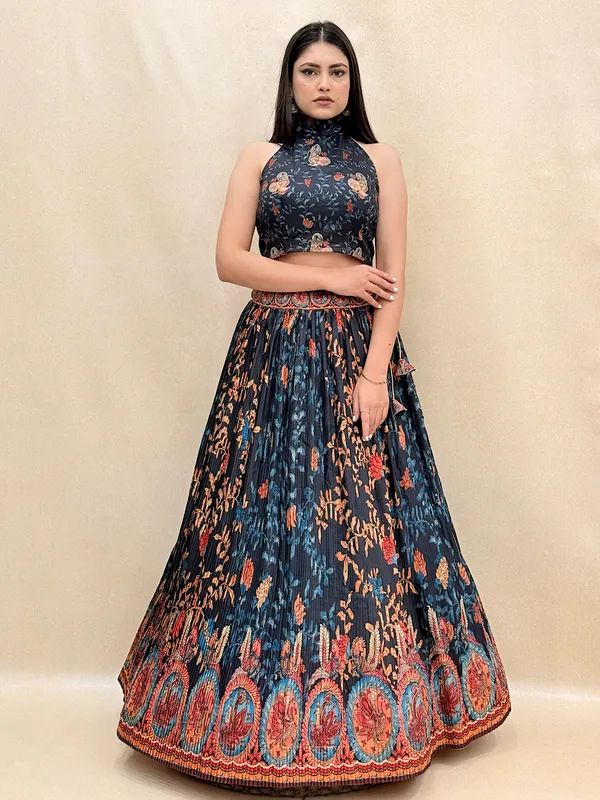 Navy_Blue_Tussar_Silk_Digital_Print_Lehenga_Choli_For_Women_&_Girls