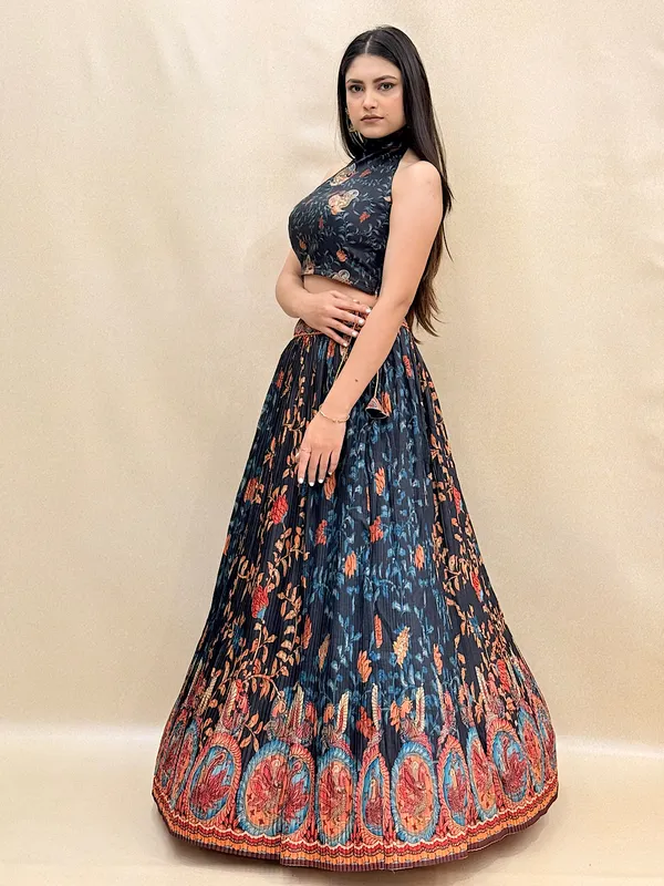 Navy_Blue_Tussar_Silk_Digital_Print_Lehenga_Choli_For_Women_&_Girls