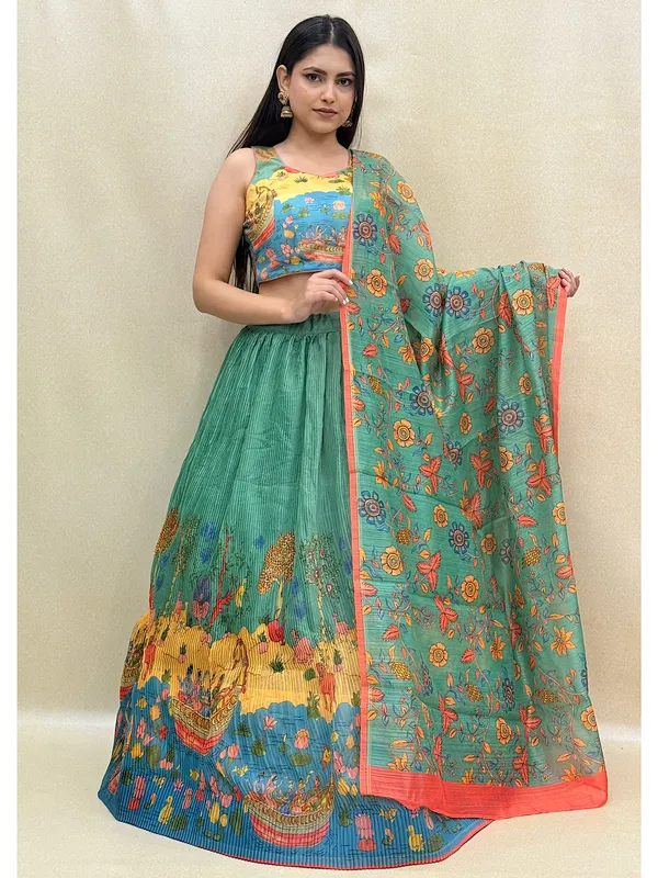 Green_Chanderi_Fabric_Digital_Print_Lehenga_Choli_For_Women_&_Girls