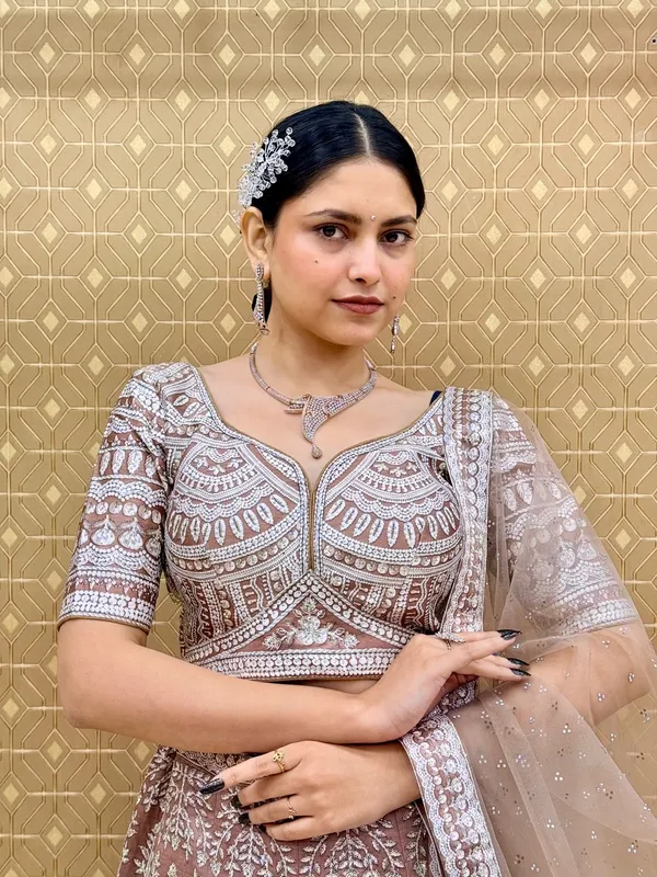 Brown_Swarovski_Stone_Work_Printed_Lehenga_Choli_For_Women_&_Girls