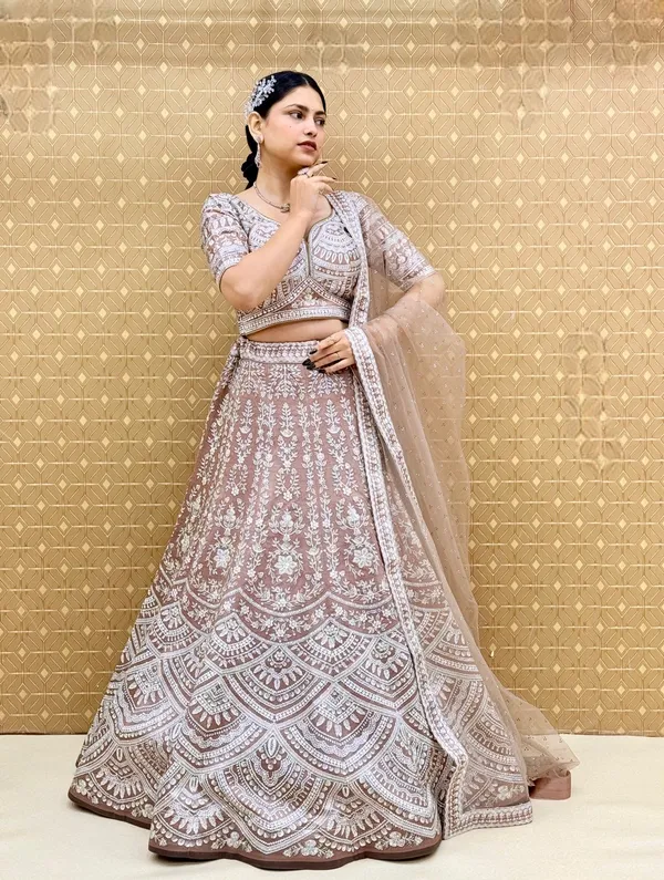 Brown_Swarovski_Stone_Work_Printed_Lehenga_Choli_For_Women_&_Girls