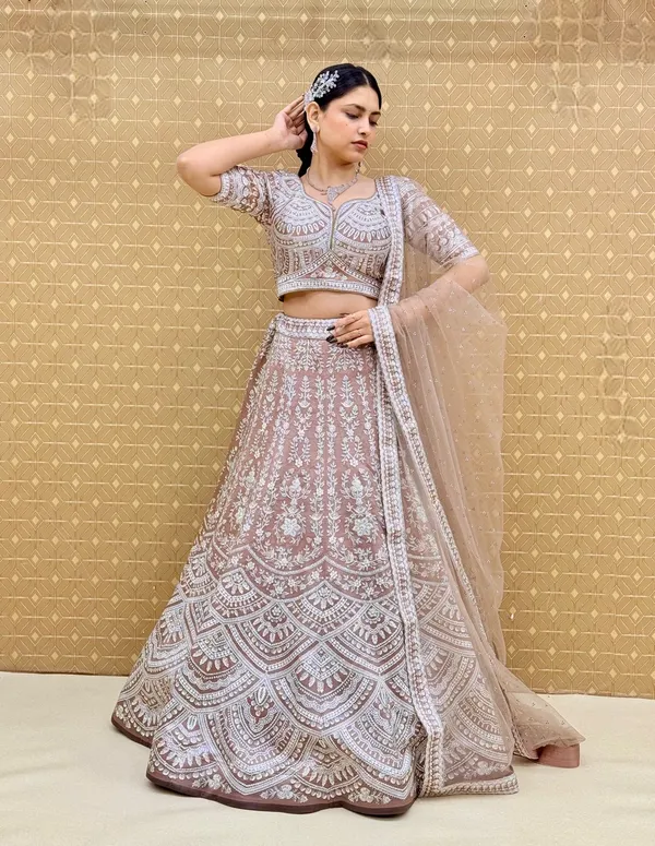 Brown_Swarovski_Stone_Work_Printed_Lehenga_Choli_For_Women_&_Girls