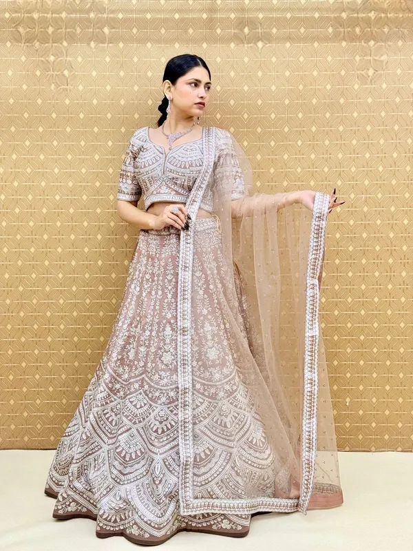 Brown_Swarovski_Stone_Work_Printed_Lehenga_Choli_For_Women_&_Girls