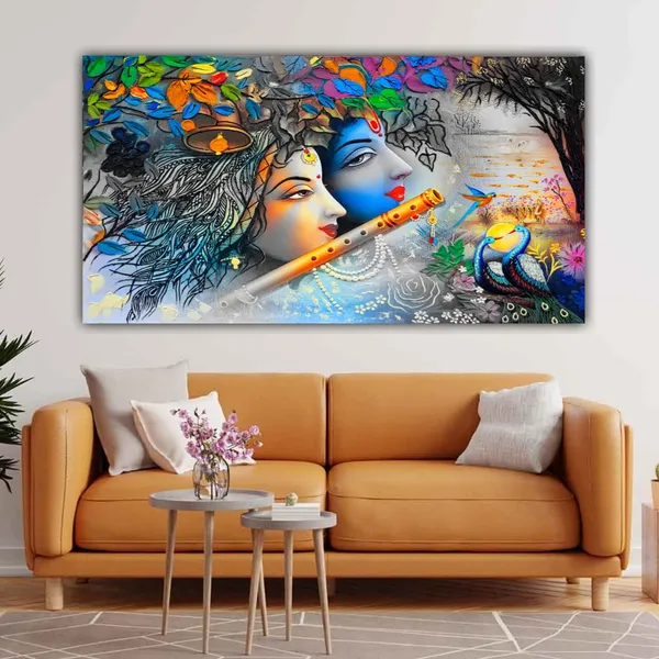 Multicolour_Beautiful_Krishna_And_Radha_Canvas_Painting_For_Living_Room_Big_Size_Office_Walls(With_Frame)_(60_X_30_Inches)(Multi_Colour)