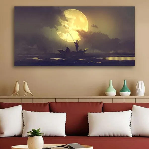 Multicolour_Beautiful_Large_Moon_Set_In_Sea_Background_Canvas_Painting_Wall_Frame_Wall_Decor_For_Living_Room,_Modern_Art_Painting_(Ready_To_Hang)_(48_By_24_Inches)