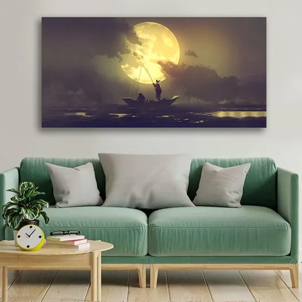 Multicolour_Beautiful_Large_Moon_Set_In_Sea_Background_Canvas_Painting_Wall_Frame_Wall_Decor_For_Living_Room,_Modern_Art_Painting_(Ready_To_Hang)_(48_By_24_Inches)