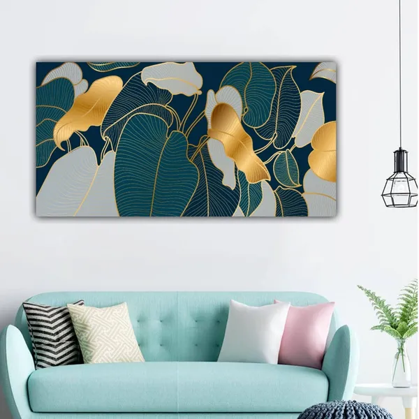 Multicolour_Luxury_Golden_Monstera_Leaves_Large_Canvas_Wall_Art_Painting_Frame_For_Living_Room_(With_Wooden_Framing)_(60_By_30_Inches)