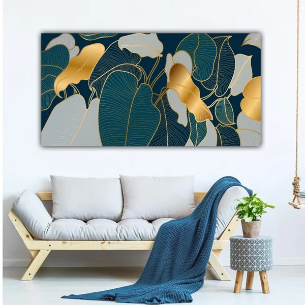 Multicolour_Luxury_Golden_Monstera_Leaves_Large_Canvas_Wall_Art_Painting_Frame_For_Living_Room_(With_Wooden_Framing)_(60_By_30_Inches)