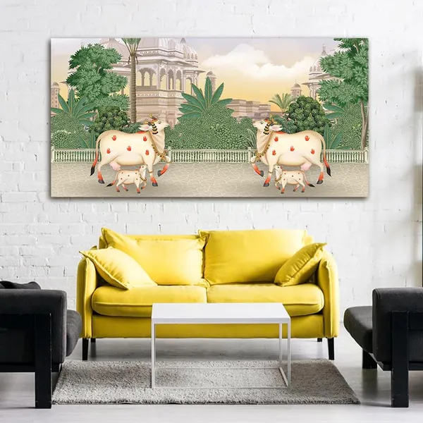 Multicolour_Beautiful_Cow_And_Calf_Pichwai_Canvas_Painting_Wall_Frame_Wall_Decor_|_Modern_Art_Canvas_Painting_(Ready_To_Hang)_(48_By_24_Inches)