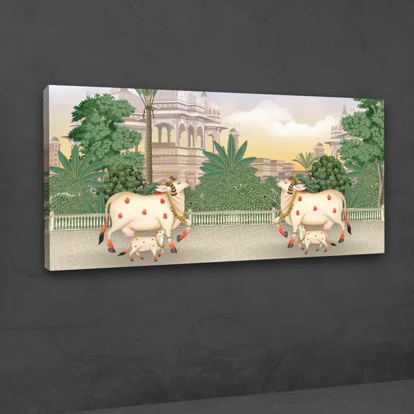 Multicolour_Beautiful_Cow_And_Calf_Pichwai_Canvas_Painting_Wall_Frame_Wall_Decor_|_Modern_Art_Canvas_Painting_(Ready_To_Hang)_(48_By_24_Inches)