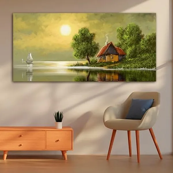 Multicolour_Beautiful_View_Of_Village_Sunrise_Painting_Wall_Frame_Wall_Decor_For_Living_Room,_Abstract_Painting_(Ready_To_Hang)_(48_By_24_Inches)