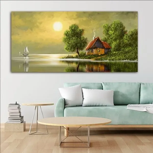 Multicolour_Beautiful_View_Of_Village_Sunrise_Painting_Wall_Frame_Wall_Decor_For_Living_Room,_Abstract_Painting_(Ready_To_Hang)_(48_By_24_Inches)