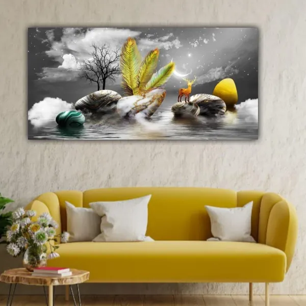 Multicolour_Landscape_Canvas_Painting_Wall_Frame_Big_Size_Wall_Painting_Frame_For_Living_Room_Wall_Decor_|_Canvas_Painting_|_Deer_At_River_Bank_Wall_Art_(Ready_To_Hang)_(60_By_30_Inches)