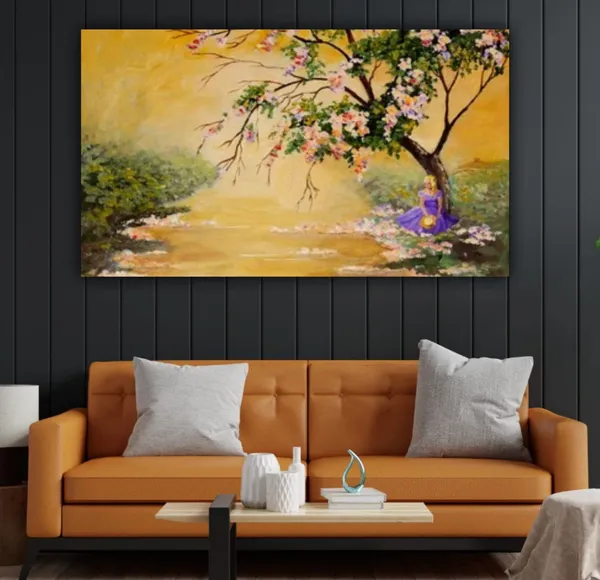 Multicolour_Beautiful_Blooming_Tree_And_A_Princess_Near_A_River_Bank_Autumn_Forest_Landscape_Canvas_Paintings_Big_Large_Size_Abstract_Modern_Wall_Art_Decor_(With_Frame)_(48_By_24_Inches)
