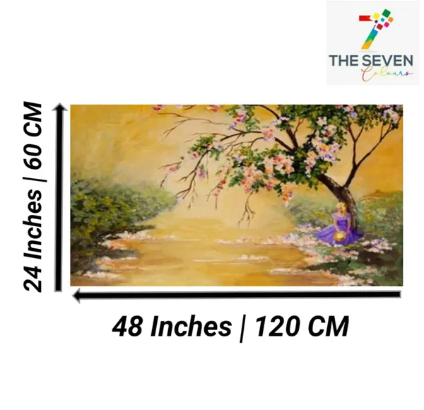Multicolour_Beautiful_Blooming_Tree_And_A_Princess_Near_A_River_Bank_Autumn_Forest_Landscape_Canvas_Paintings_Big_Large_Size_Abstract_Modern_Wall_Art_Decor_(With_Frame)_(48_By_24_Inches)