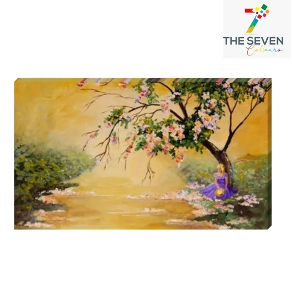 Multicolour_Beautiful_Blooming_Tree_And_A_Princess_Near_A_River_Bank_Autumn_Forest_Landscape_Canvas_Paintings_Big_Large_Size_Abstract_Modern_Wall_Art_Decor_(With_Frame)_(48_By_24_Inches)