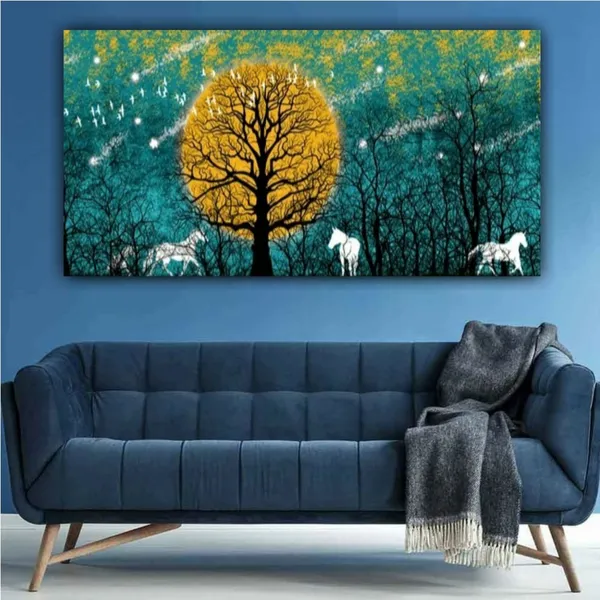 Multicolour_Beautiful_Vastu_Running_Horses_Painting_In_Forest_Landscape_With_Frame_For_Living_Room_Wall_Decors_Big_Large_Size_Canvas_Modern_Wall_Arts_For_Home_Decoration_(60_By_30_Inches)