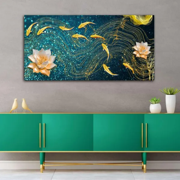 Multicolour_Beautiful_Landscape_Modern_Golden_Lotus_With_Golden_Fish_Canvas_Painting_Wall_Frame_Wall_Decor_For_Living_Room,_Modern_Art_Painting_(Ready_To_Hang)_(48_By_24_Inches)