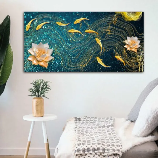Multicolour_Beautiful_Landscape_Modern_Golden_Lotus_With_Golden_Fish_Canvas_Painting_Wall_Frame_Wall_Decor_For_Living_Room,_Modern_Art_Painting_(Ready_To_Hang)_(48_By_24_Inches)
