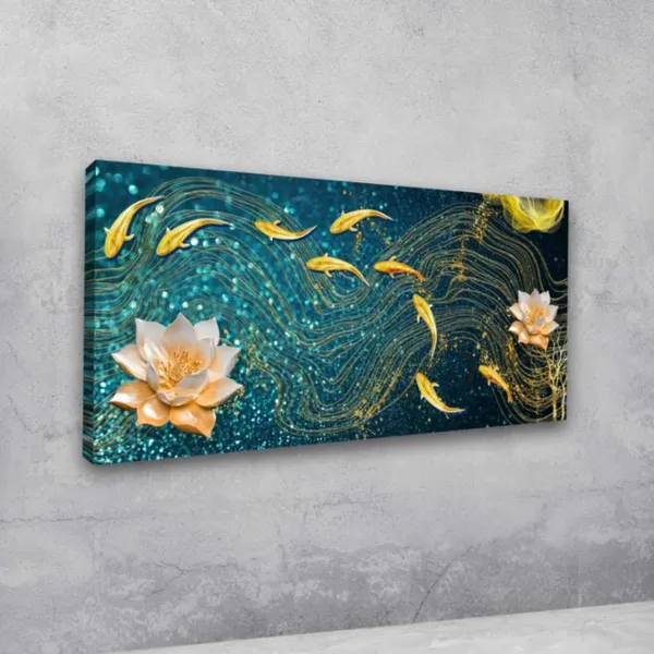 Multicolour_Beautiful_Landscape_Modern_Golden_Lotus_With_Golden_Fish_Canvas_Painting_Wall_Frame_Wall_Decor_For_Living_Room,_Modern_Art_Painting_(Ready_To_Hang)_(48_By_24_Inches)