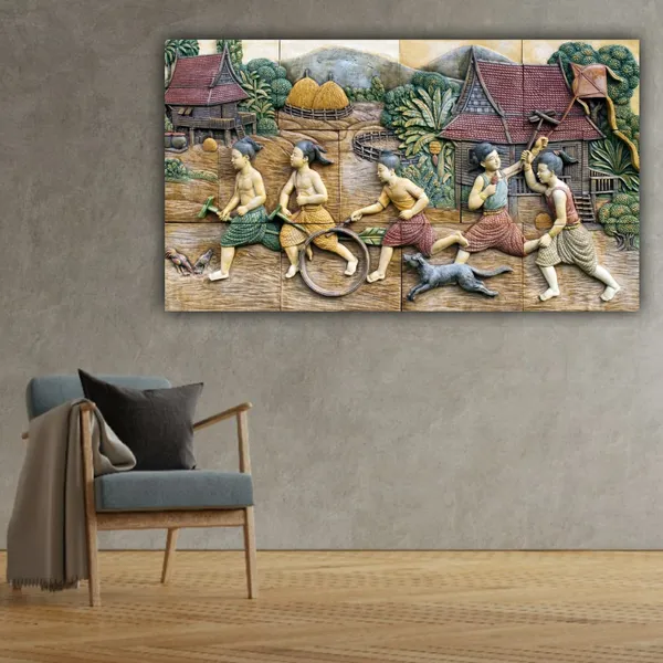 Multicolour_Beautiful_3D_Painting_Of_Kids_Playing_In_Village_Landscape_Canvas_Abstract_Modern_Wall_Art_Decor_Madhubani_Big_Large_Size_Paintings_(With_Wooden_Frame)_(60_By_30_Inches)