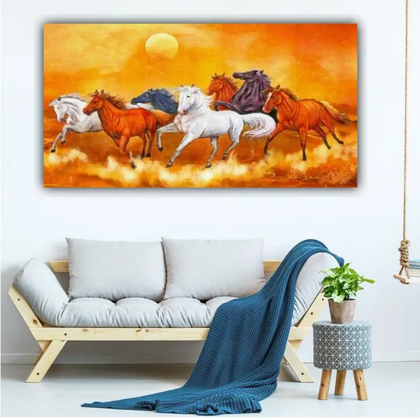 Multicolour_Beautiful_Vastu_Seven_Running_Horses_Painting_Sunrise_With_Frame_For_Living_Room_Wall_Decors_Big_Large_Size_Canvas_Modern_Wall_Arts_For_Home_Decoration_|_Bedroom_(48_By_24_Inches)