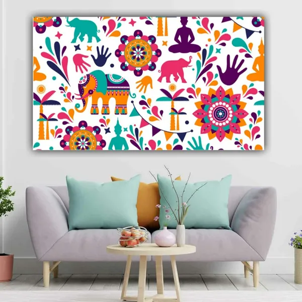 Multicolour_Beautiful_Madhubani_Paintings_Modern_Wall_Art_Decor_Canvas_Painting_For_Living_Room_|_Bedroom_|_Office_Walls_(With_Wooden_Frame)_(60_By_30_Inches)