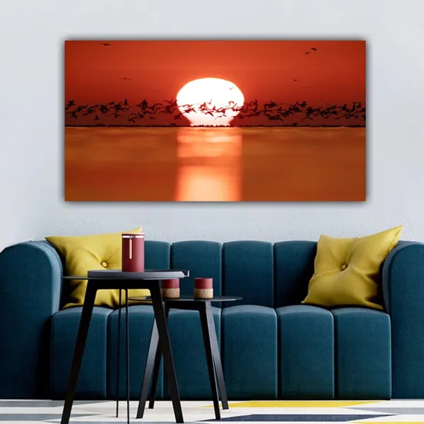 Multicolour_Beautiful_Canvas_Paintings_Silhouette_Of_Black_Headed_Gulls_And_Sunrise_For_Living_Room_|_Bedroom_|_Big_Size_Painting_(With_Frame)_(36_By_24_Inches)