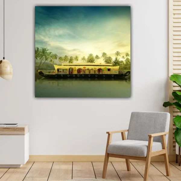Multicolour_Beautiful_House_Boat_In_Kerala_Painting_Canvas_Abstract_Modern_Wall_Art_Decor_Paintings_For_Living_Room_(With_Frame)_(24_By_24_Inches)