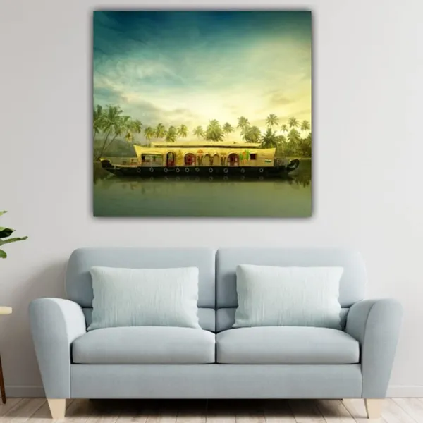 Multicolour_Beautiful_House_Boat_In_Kerala_Painting_Canvas_Abstract_Modern_Wall_Art_Decor_Paintings_For_Living_Room_(With_Frame)_(24_By_24_Inches)