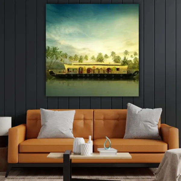 Multicolour_Beautiful_House_Boat_In_Kerala_Painting_Canvas_Abstract_Modern_Wall_Art_Decor_Paintings_For_Living_Room_(With_Frame)_(24_By_24_Inches)