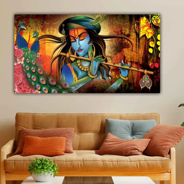 Multicolour_Lord_Krishna_Playing_Flute_Canvas_Wall_Art_Paintings_For_Living_Room_Big_Size_(With_Framing)(48_X_24_Inches)(Multi_Colour)