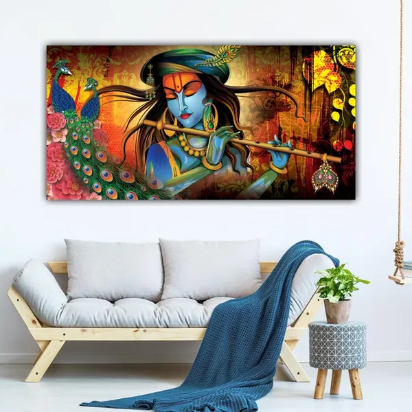 Multicolour_Lord_Krishna_Playing_Flute_Canvas_Wall_Art_Paintings_For_Living_Room_Big_Size_(With_Framing)(48_X_24_Inches)(Multi_Colour)