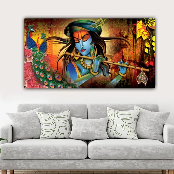 Multicolour_Lord_Krishna_Playing_Flute_Canvas_Wall_Art_Paintings_For_Living_Room_Big_Size_(With_Framing)(48_X_24_Inches)(Multi_Colour)