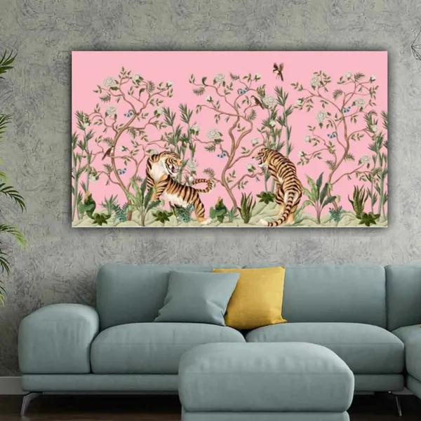 Multicolour_Beautiful_Pink_Oriental_Tigers_Landscape_Paintings_Canvas_Abstract_Modern_Wall_Art_Decor_Big_Large_Size_Painting_For_Living_Room_(With_Wooden_Frame)_(60_By_30_Inches)