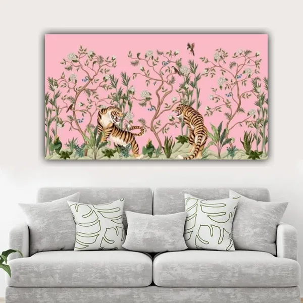 Multicolour_Beautiful_Pink_Oriental_Tigers_Landscape_Paintings_Canvas_Abstract_Modern_Wall_Art_Decor_Big_Large_Size_Painting_For_Living_Room_(With_Wooden_Frame)_(60_By_30_Inches)