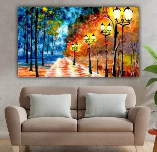 Multicolour_Beautiful_Autumn_City_Night_Landscape_Painting_Canvas_Modern_Wall_Art_Decor_Big_Large_Size_Paintings_For_Living_Room_(With_Frame)_(48_By_24_Inches)