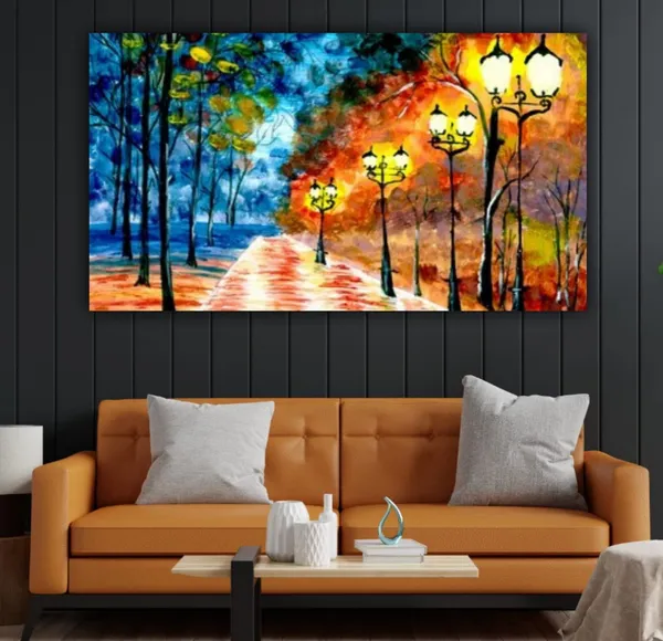 Multicolour_Beautiful_Autumn_City_Night_Landscape_Painting_Canvas_Modern_Wall_Art_Decor_Big_Large_Size_Paintings_For_Living_Room_(With_Frame)_(48_By_24_Inches)