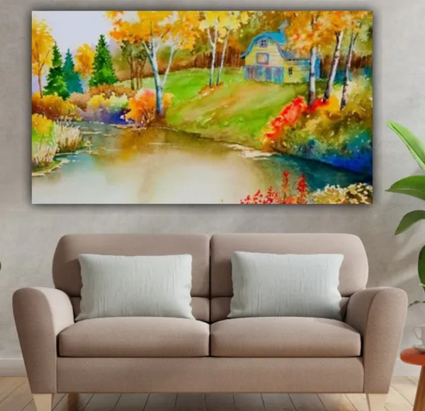 Multicolour_Beautiful_Autumn_Forest_And_A_Hut_Near_A_Riverbank_Landscape_Paintings_Canvas_Modern_Wall_Art_Decor_Big_Large_Size_Painting_For_Living_Room_(With_Frame)_(48_By_24_Inches)