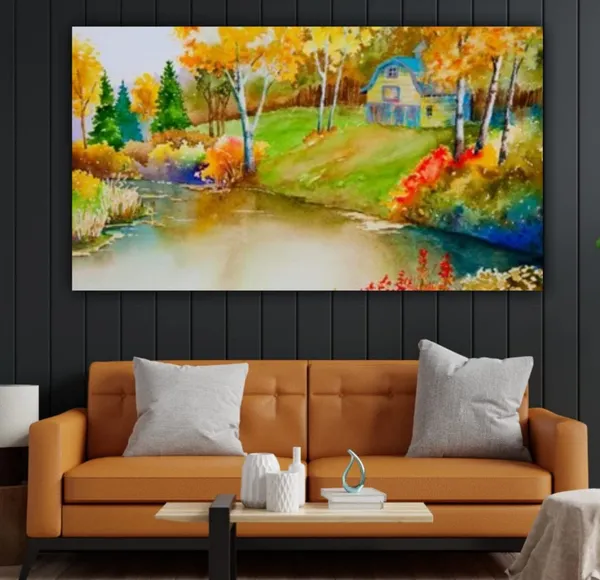 Multicolour_Beautiful_Autumn_Forest_And_A_Hut_Near_A_Riverbank_Landscape_Paintings_Canvas_Modern_Wall_Art_Decor_Big_Large_Size_Painting_For_Living_Room_(With_Frame)_(48_By_24_Inches)