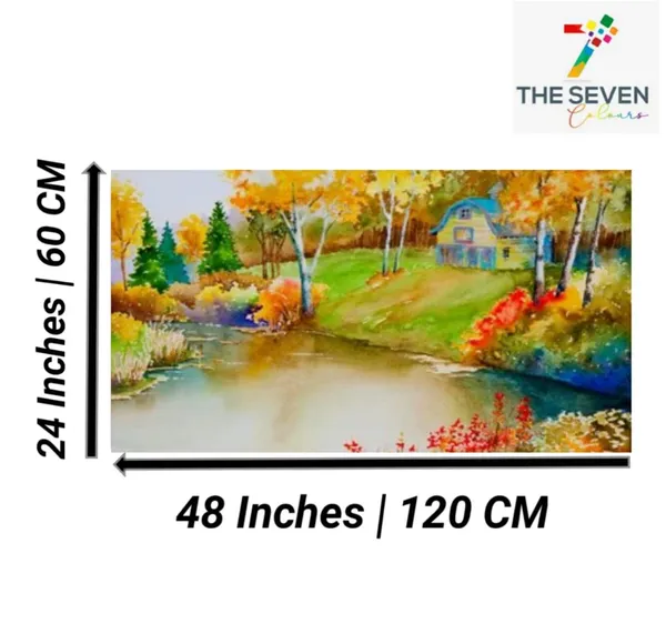 Multicolour_Beautiful_Autumn_Forest_And_A_Hut_Near_A_Riverbank_Landscape_Paintings_Canvas_Modern_Wall_Art_Decor_Big_Large_Size_Painting_For_Living_Room_(With_Frame)_(48_By_24_Inches)
