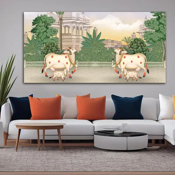 Multicolour_Beautiful_Cow_And_Calf_Pichwai_Canvas_Painting_Wall_Frame_Wall_Decor_|_Modern_Art_Canvas_Painting_(Ready_To_Hang)_(60_By_30_Inches)