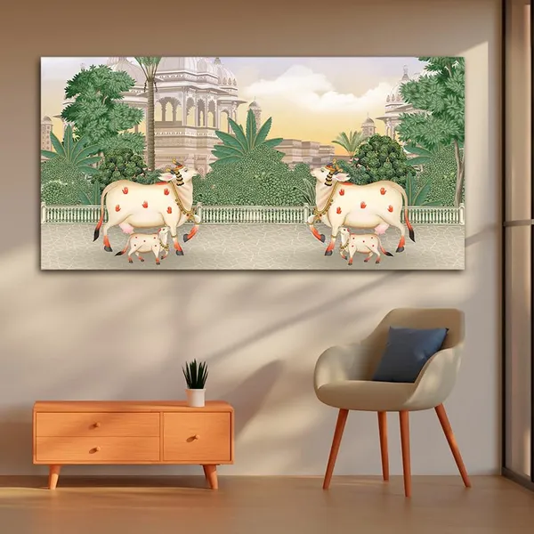 Multicolour_Beautiful_Cow_And_Calf_Pichwai_Canvas_Painting_Wall_Frame_Wall_Decor_|_Modern_Art_Canvas_Painting_(Ready_To_Hang)_(60_By_30_Inches)