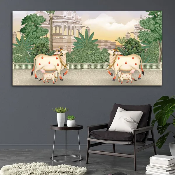 Multicolour_Beautiful_Cow_And_Calf_Pichwai_Canvas_Painting_Wall_Frame_Wall_Decor_|_Modern_Art_Canvas_Painting_(Ready_To_Hang)_(60_By_30_Inches)