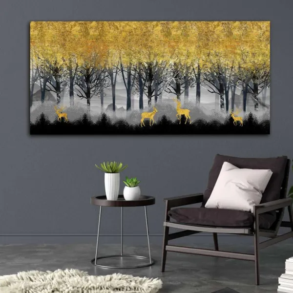 Multicolour_Beautiful_Landscape_Golden_Deers_In_Dark_Forest_Canvas_Painting_Wall_Frame_Wall_Decor_For_Living_Room,_Modern_Art_Painting_(Ready_To_Hang)_(48_By_24_Inches)