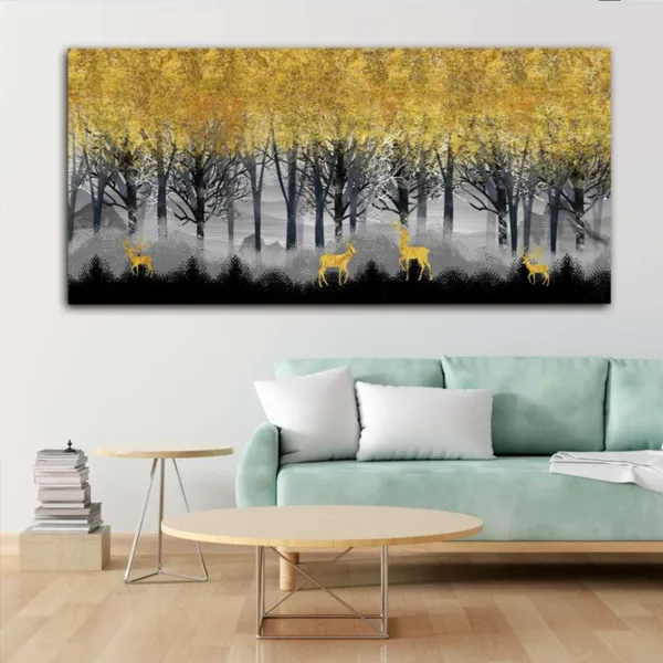 Multicolour_Beautiful_Landscape_Golden_Deers_In_Dark_Forest_Canvas_Painting_Wall_Frame_Wall_Decor_For_Living_Room,_Modern_Art_Painting_(Ready_To_Hang)_(48_By_24_Inches)